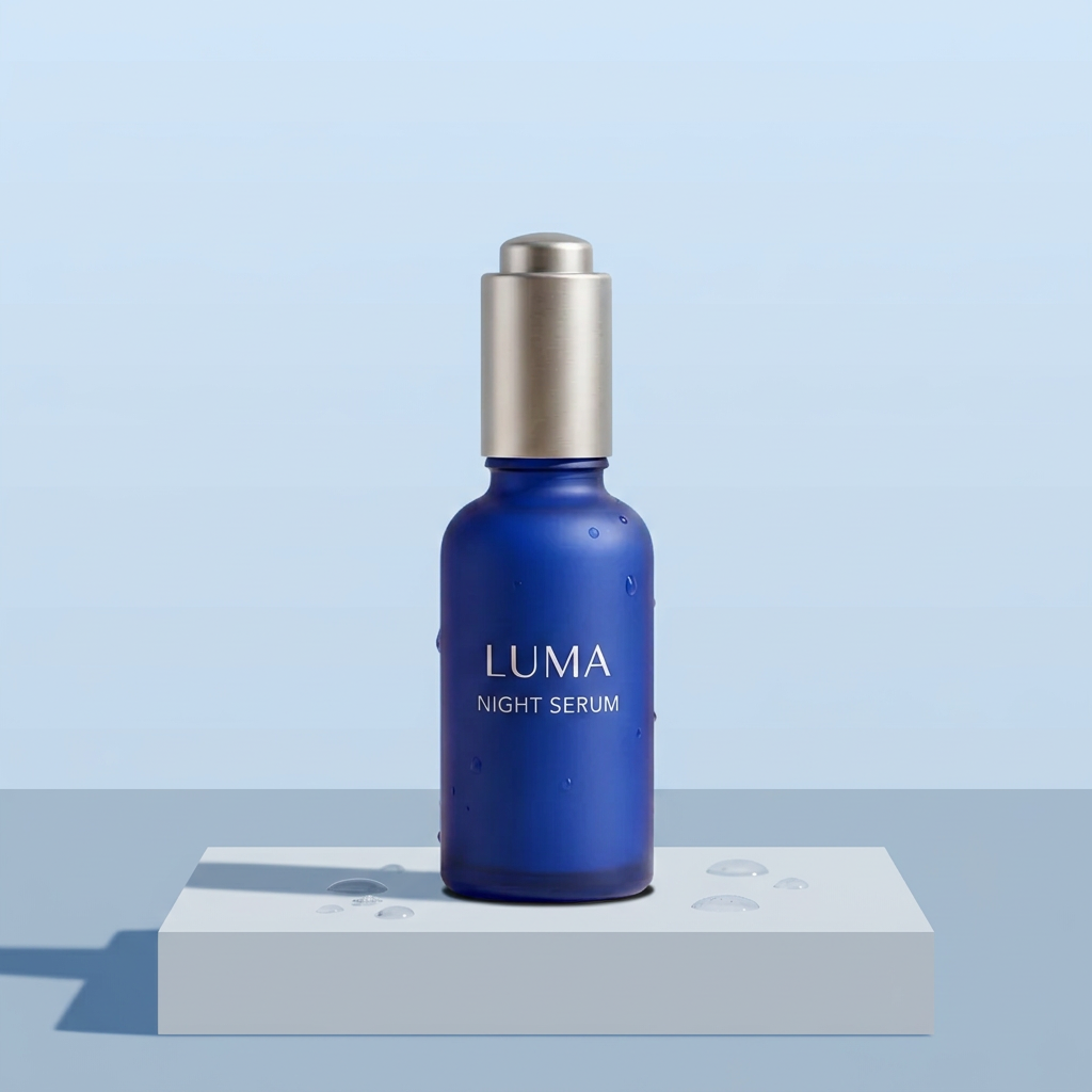 Actual AI output: blue bottle with unwanted source water drops on a changed pedestal