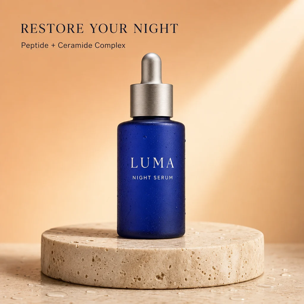 AI-generated LUMA Night Serum advertising concept with a product bottle