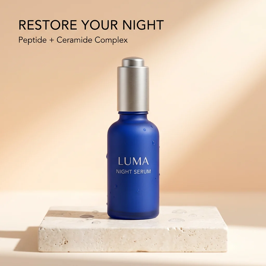 Original synthetic LUMA advertisement with a blue serum bottle